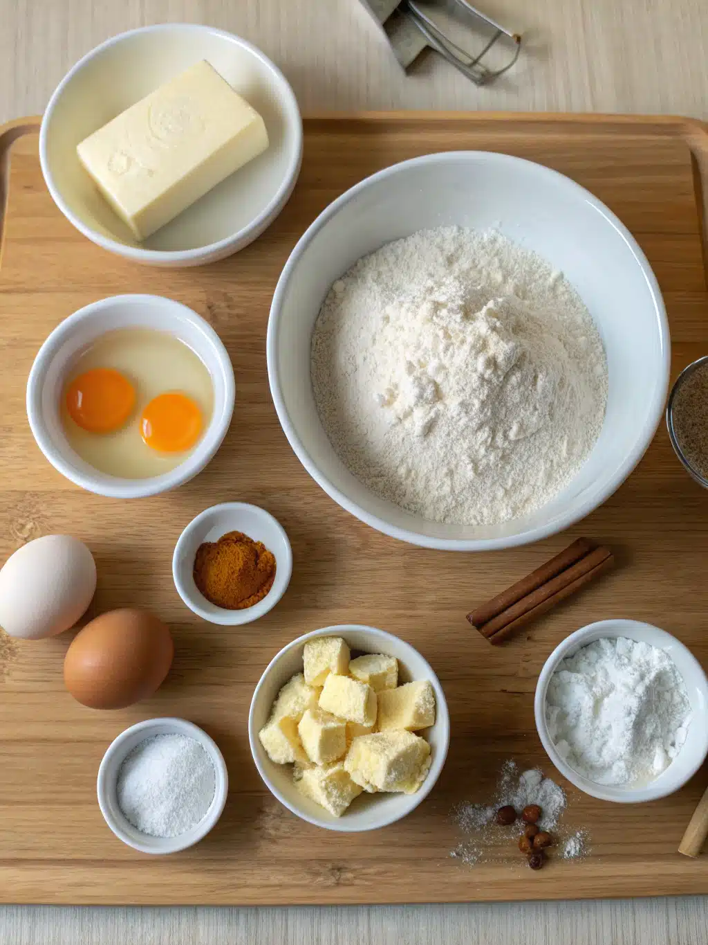 Ingredients for homemade snickerdoodle cookie mix laid out on a rustic table