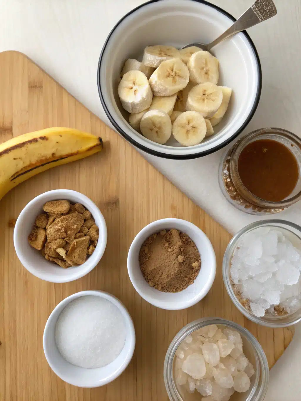 Ingredients for a homemade snickerdoodle protein shake laid out on a counter