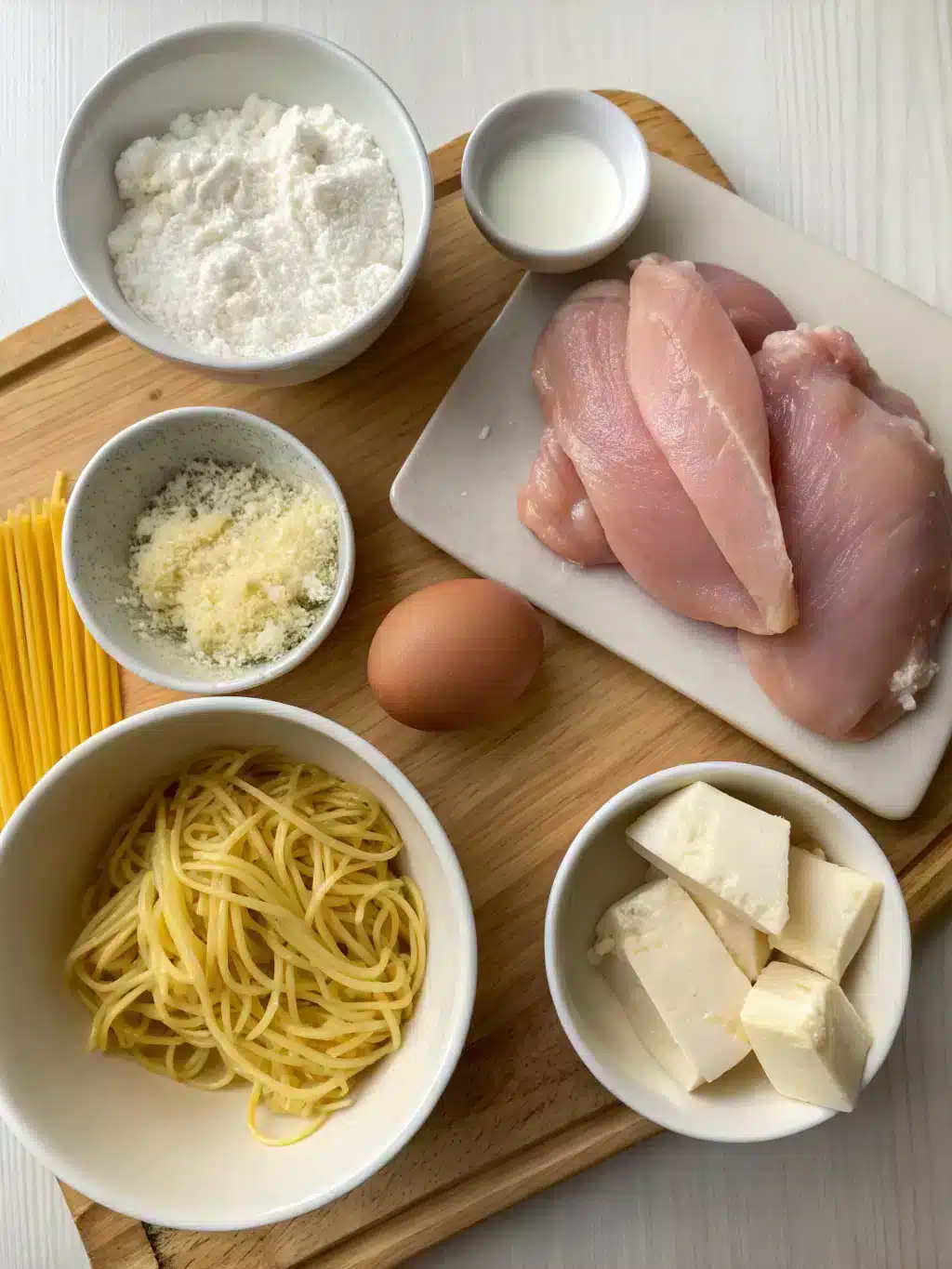 Fresh ingredients for stuffed chicken noodles laid out on a rustic table