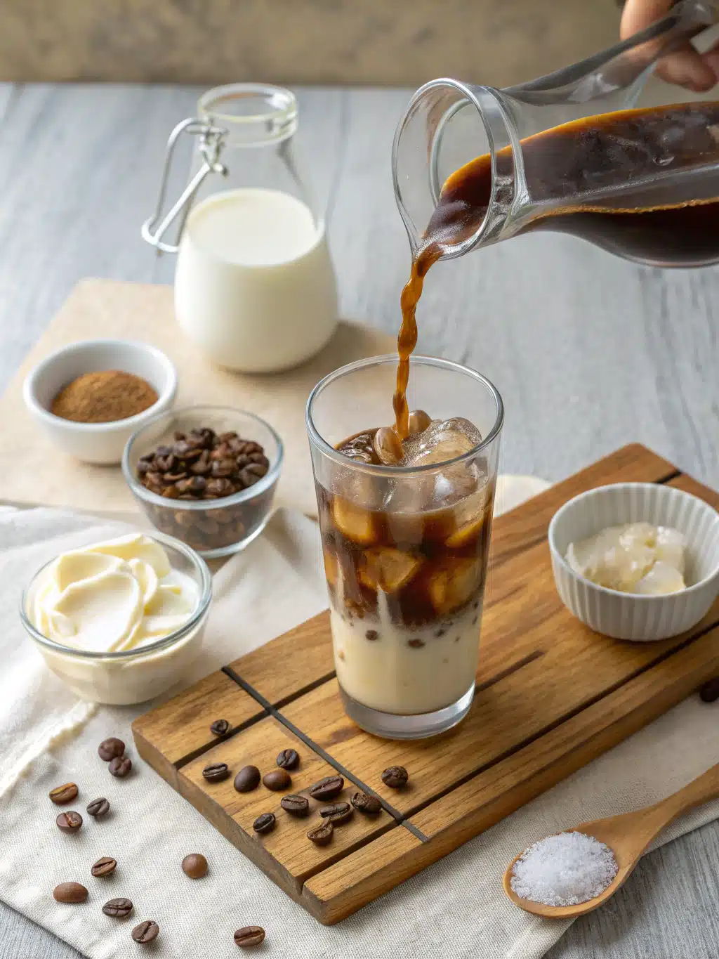Mixing ingredients for an iced coffee drink
