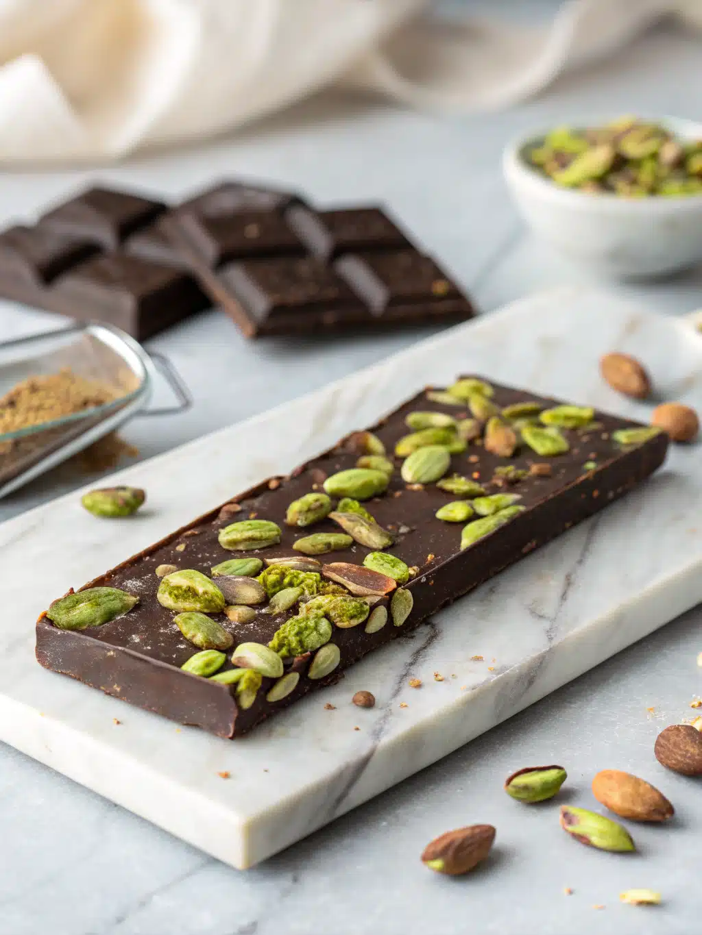 Indulge in a Dubai pistachio chocolate bar with rich dark chocolate and crunchy toasted pistachios, chilled to perfection for an easy homemade treat.