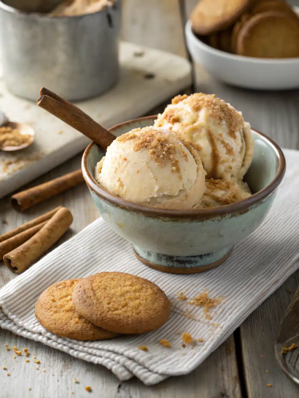 Creamy snickerdoodle ice cream with cinnamon swirls and crushed cookies, churned to perfection for a sweet, spiced dessert. Serve chilled.