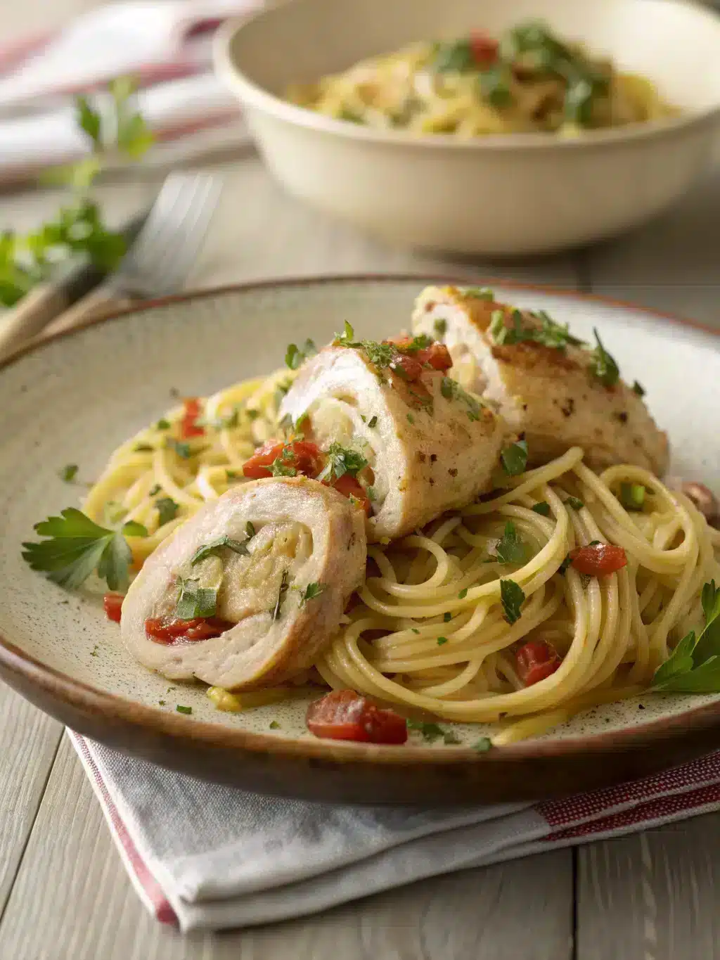 Creamy stuffed chicken noodles with ricotta and marinara sauce, topped with melted mozzarella for a comforting family dinner. Ready in 30 minutes!