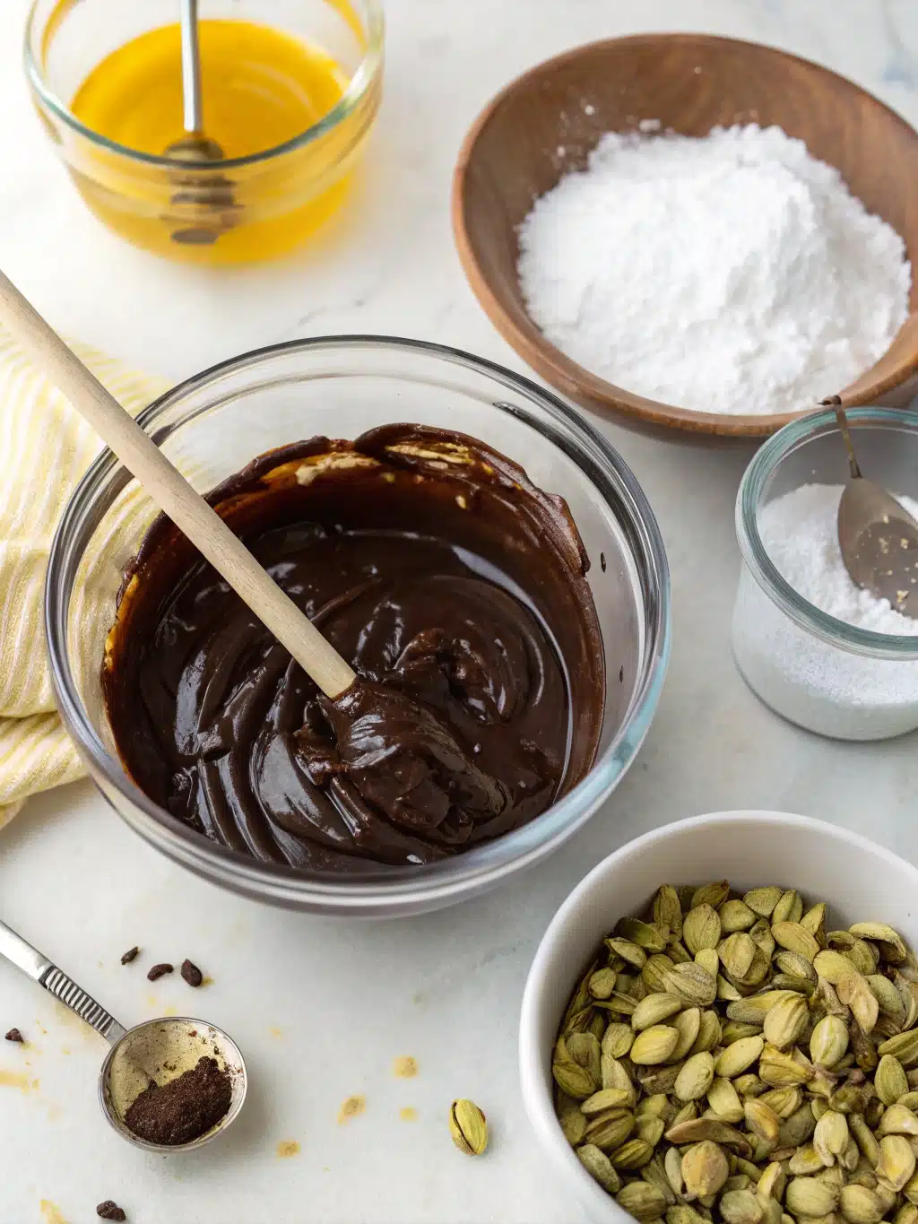 Silky chocolate mixture ready for pistachios Mixing melted chocolate with honey for Dubai chocolate sweets