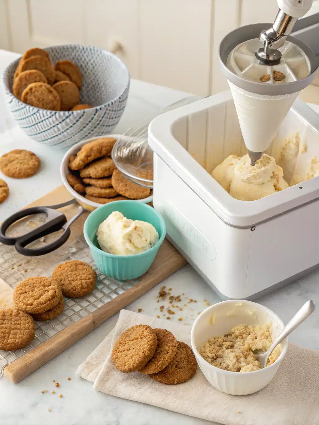 Mixing cookie pieces into homemade ice cream