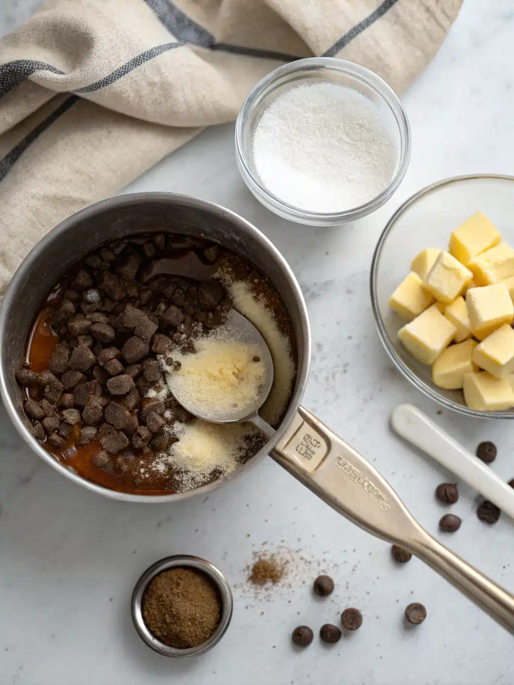 Silky chocolate mixture ready for mixing Melting chocolate and butter for Dubai chocolate bar recipe