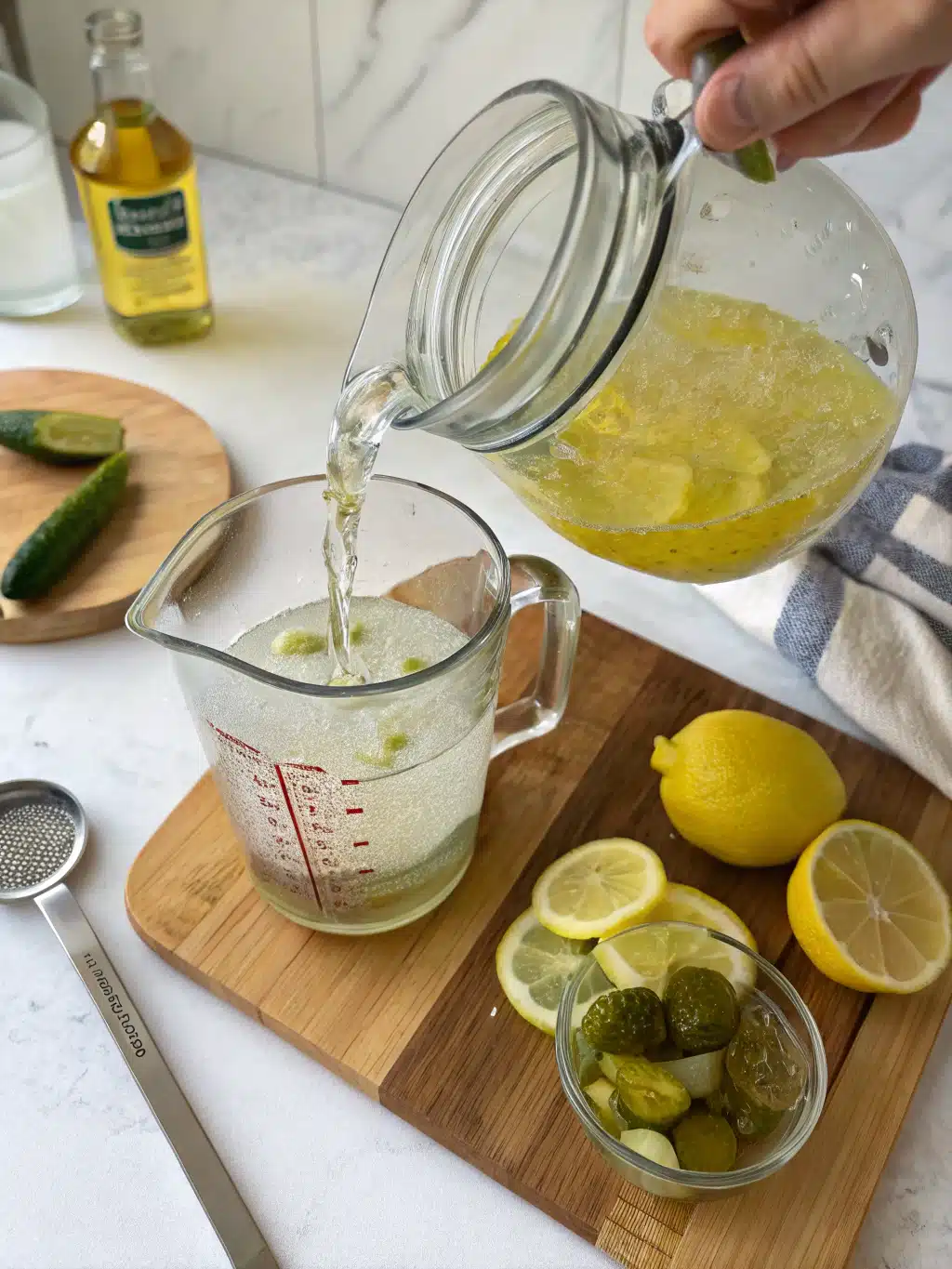 Mixing honey into pickle lemonade drink for perfect sweetness