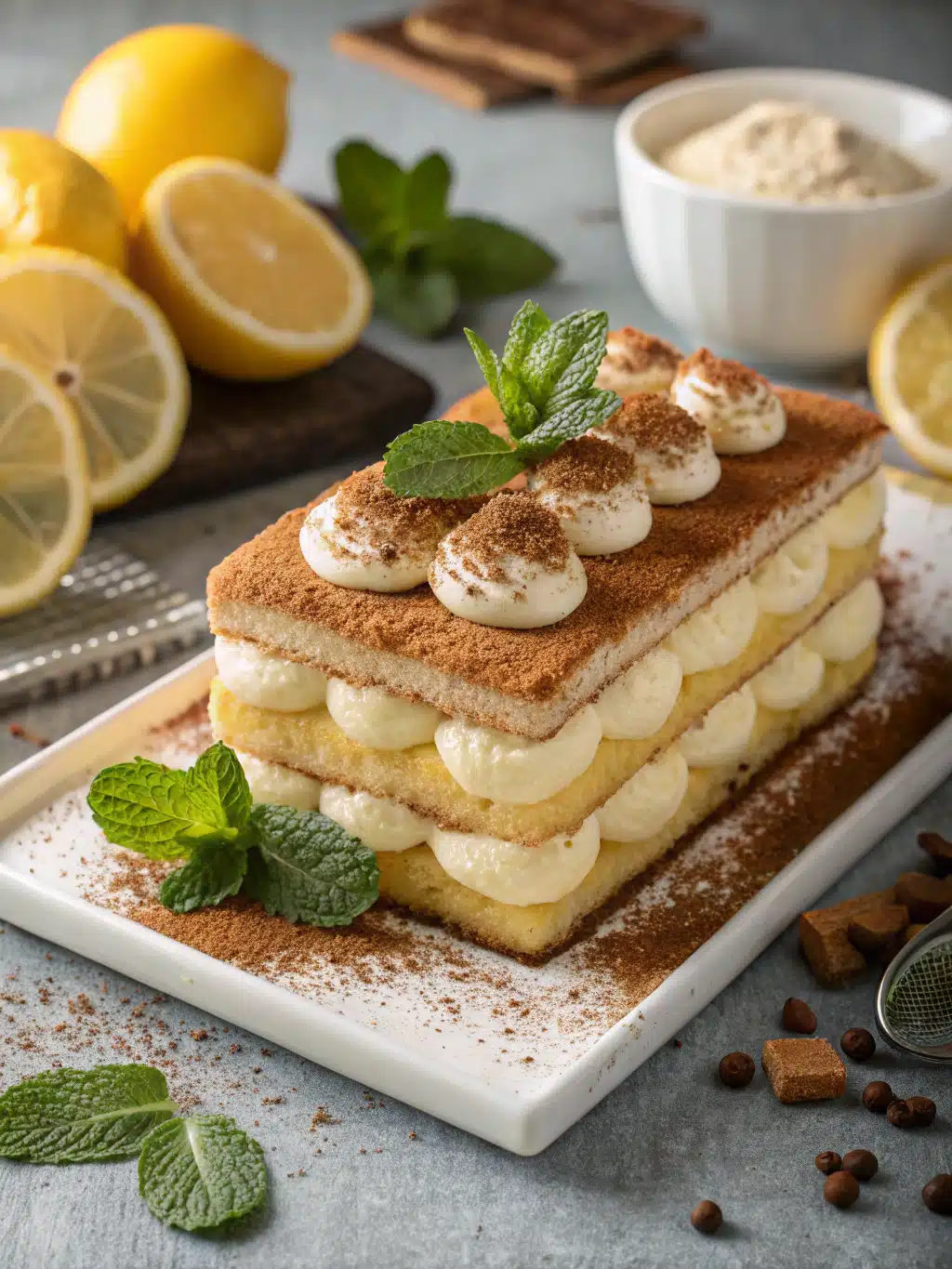 This meyer lemon tiramisu features creamy mascarpone and citrusy layers, served chilled for a refreshing no-bake dessert perfect for spring or summer.