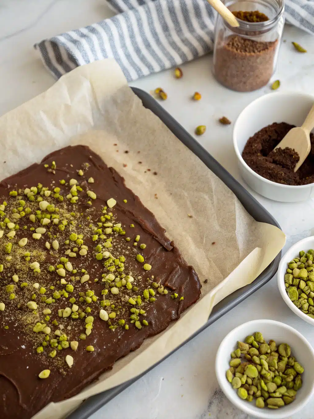 Homemade Arabic chocolate bar with pistachios Finished Dubai pistachio chocolate bar ready to serve