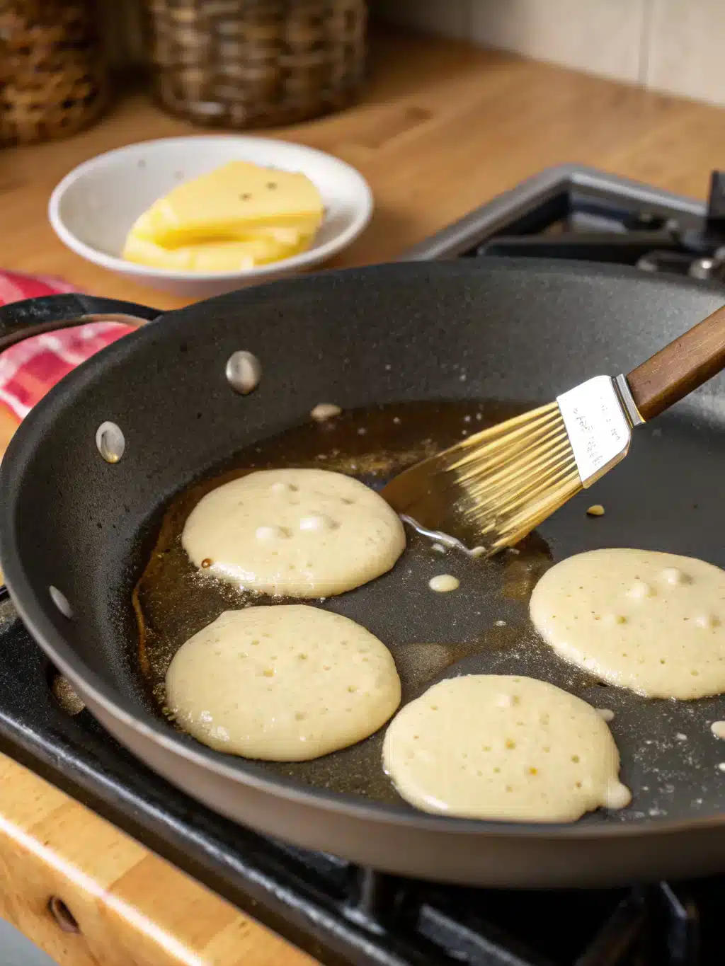 Stack of finished Krusteaz pancakes with syrup