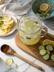 This pickle lemonade drink blends dill pickle brine and lemon juice, served ice-cold for a bold, tangy refreshment with a hint of sweetness.