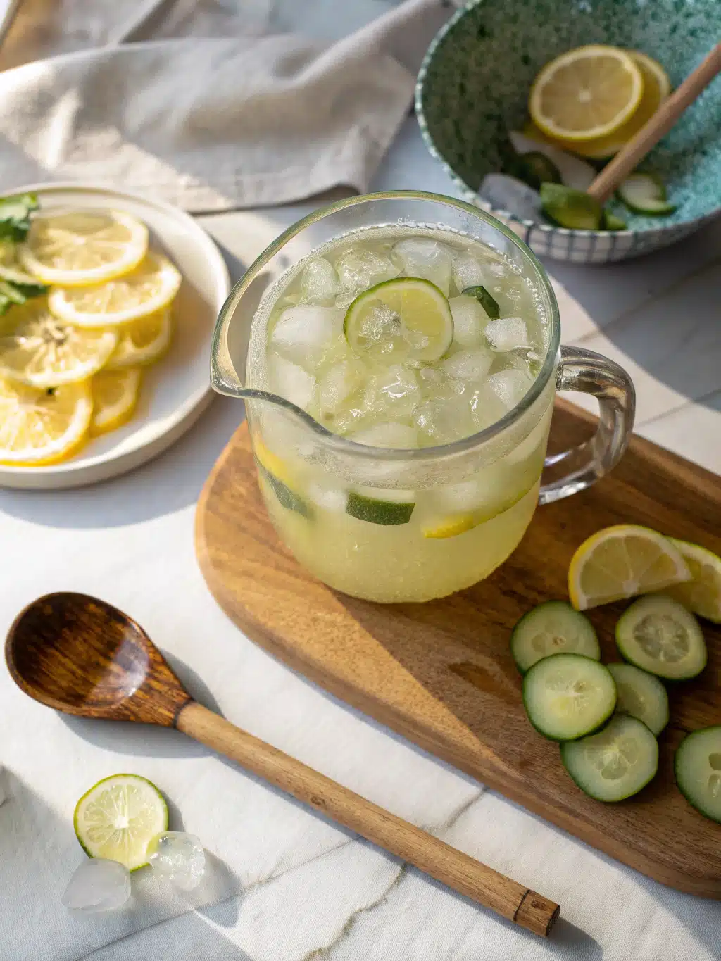 Finished pickle lemonade drink with lemon garnish