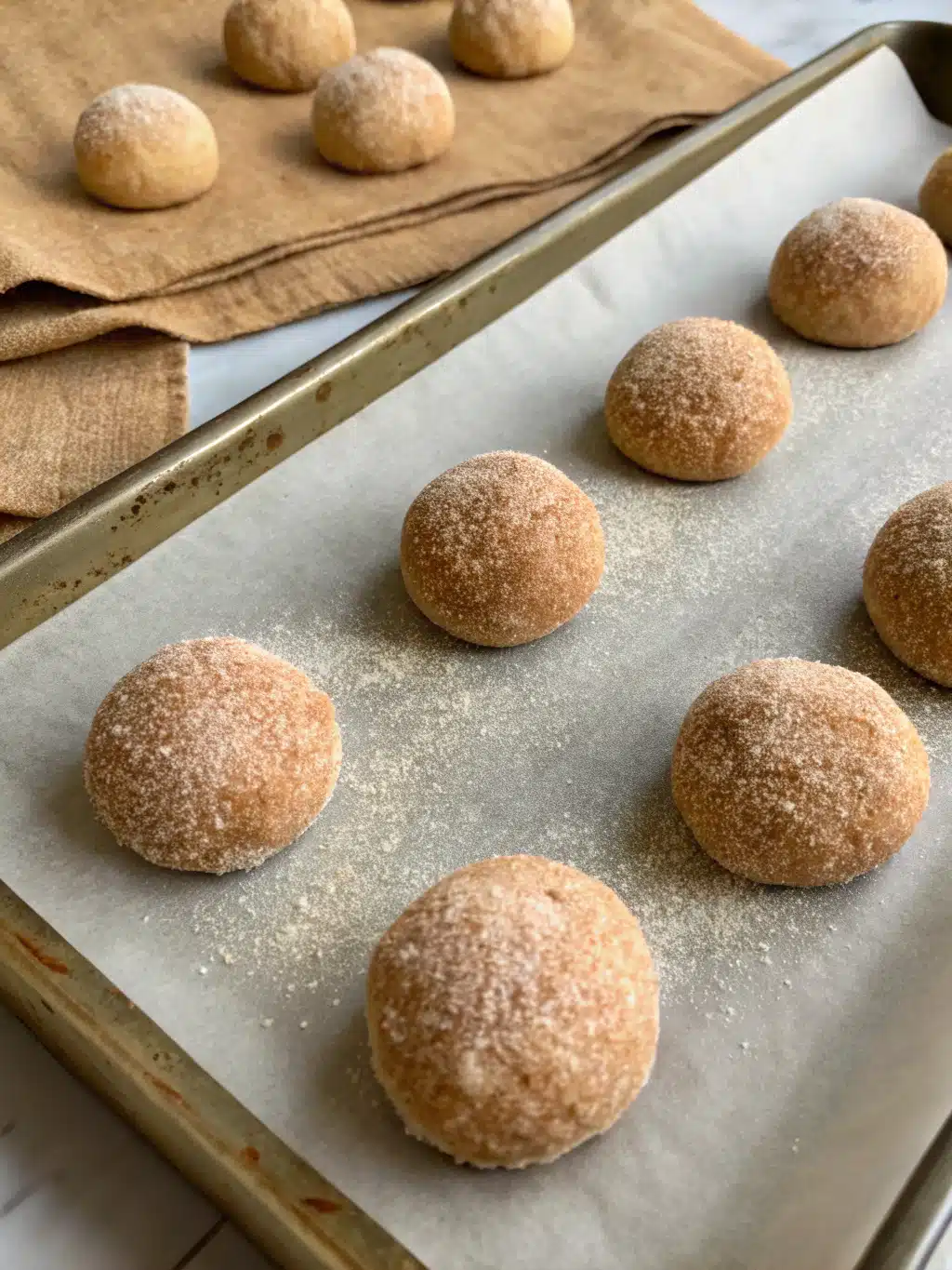 Freshly baked snickerdoodle cookies cooling on a wire rack