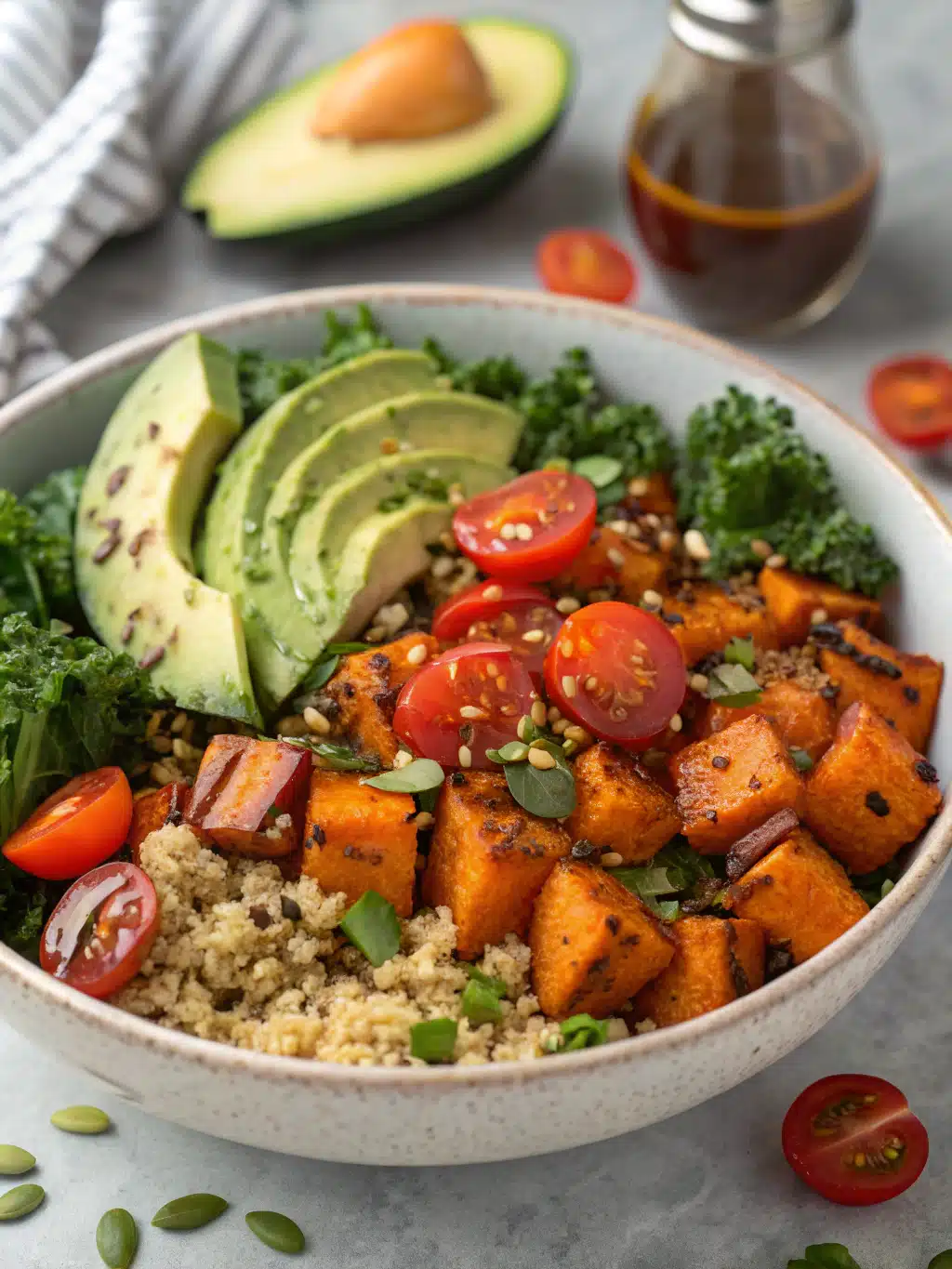 Dreamy roasted sweet potato kale quinoa salad to Savor with Joy