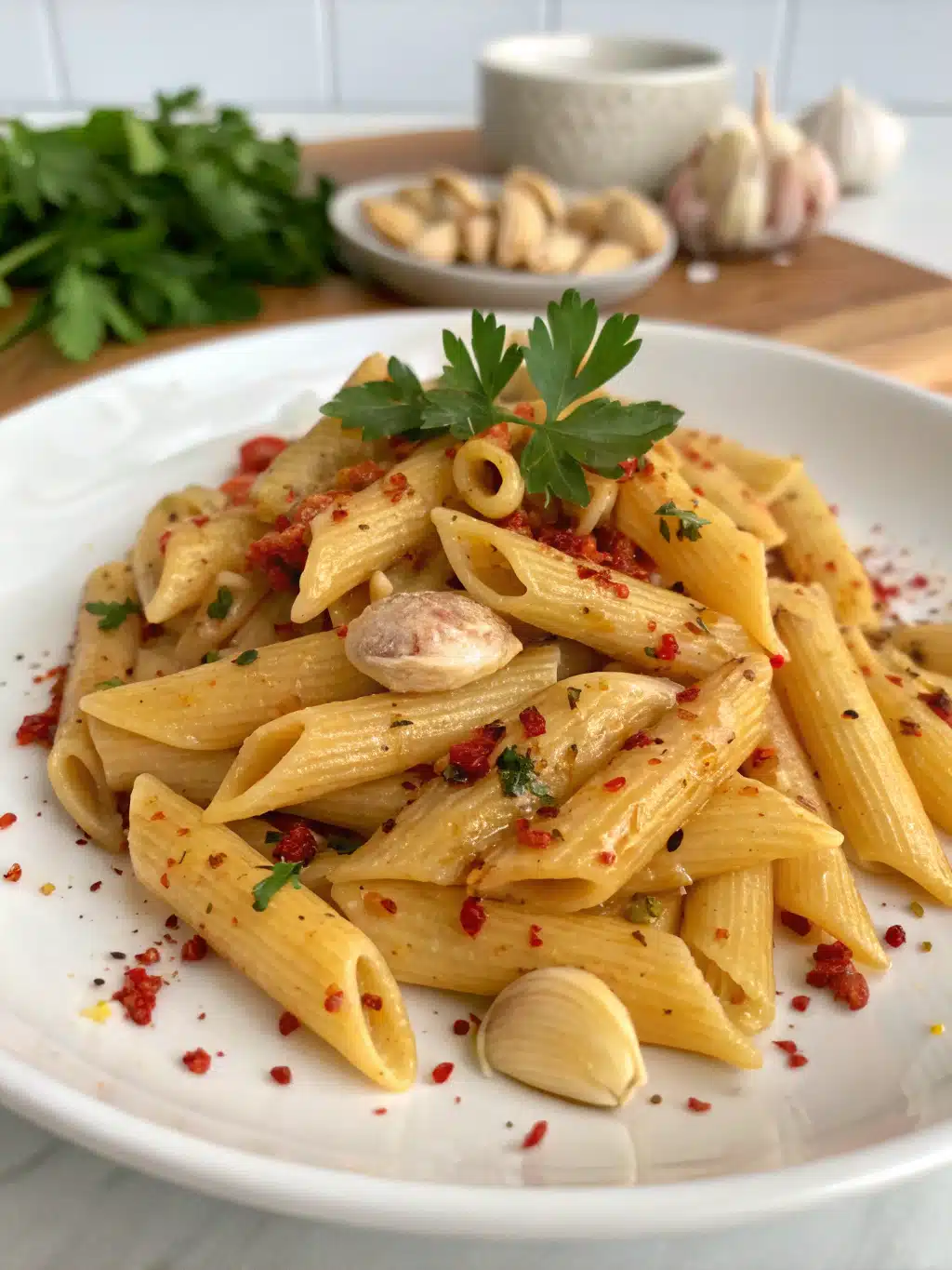 This spicy garlic penne pasta features tender pasta tossed in garlicky olive oil and finished with Parmesan for a bold, creamy bowl ready in 25 minutes.