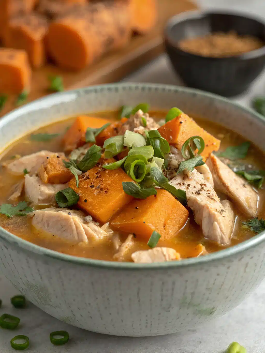 Cozy up with this sweet potato chicken soup, a hearty one-pot meal made with tender chicken and veggies in a savory, nourishing broth.