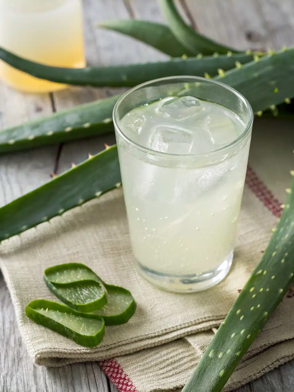 Elegant glass presentation of aloe vera juice with garnishes
