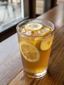 Refreshing apple cider vinegar drink with honey and cinnamon, served over ice with lemon slices for a tangy, revitalizing beverage.
