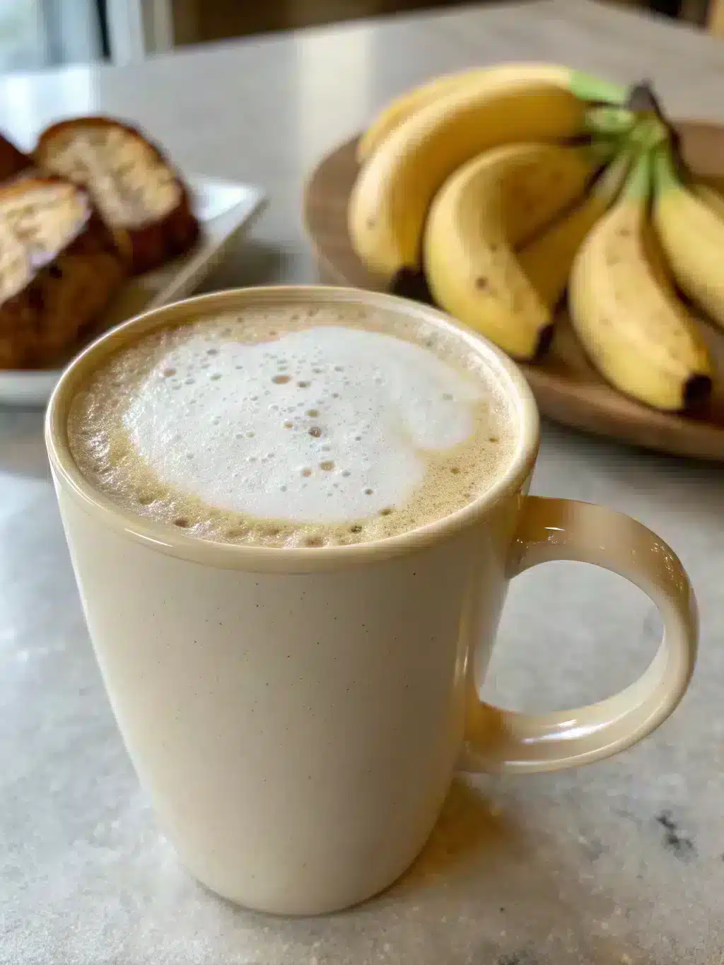 Banana bread latte served with a cinnamon stick and cozy blanket
