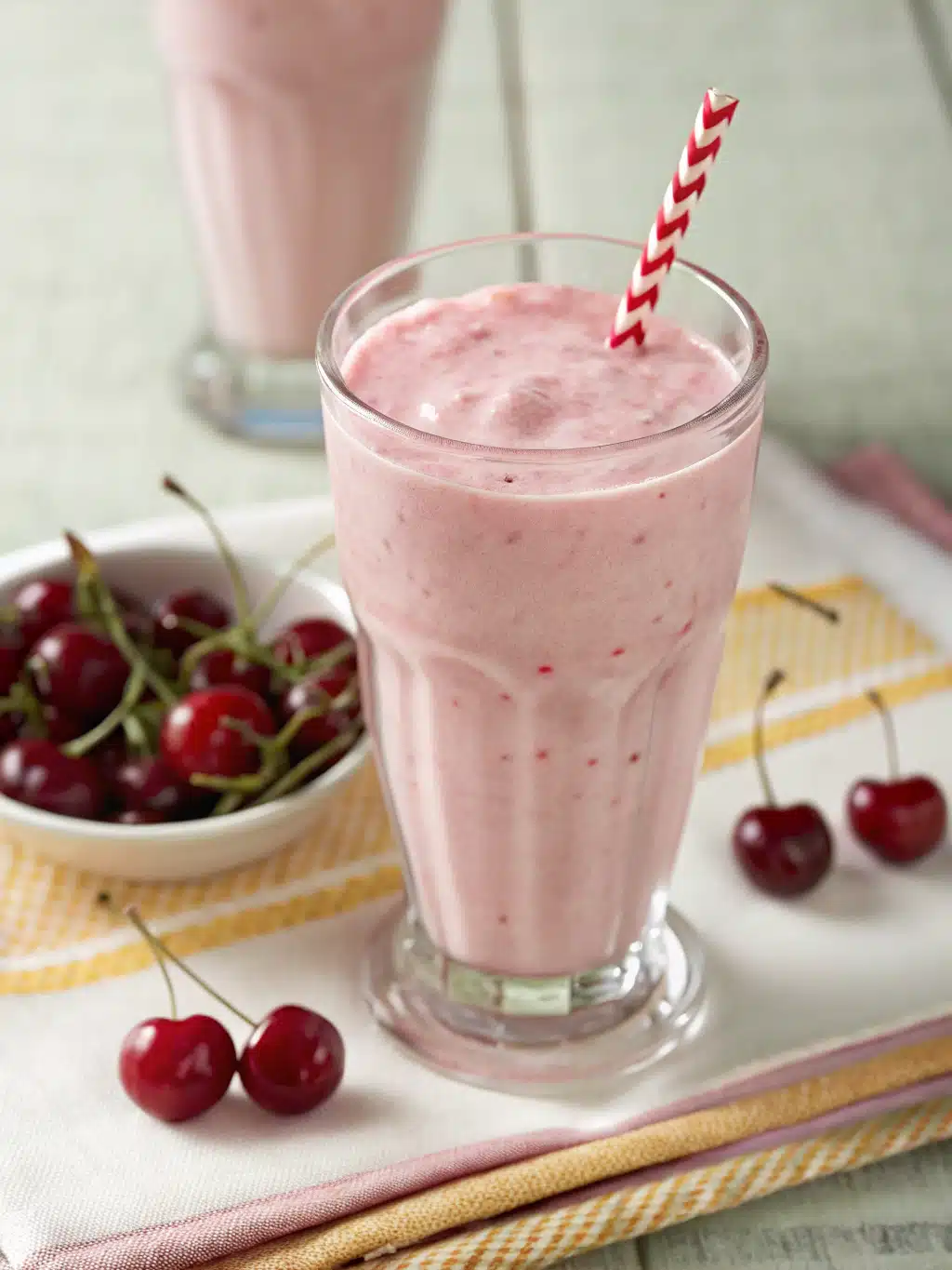 Cherry lemon milkshake served in mason jars with striped straws