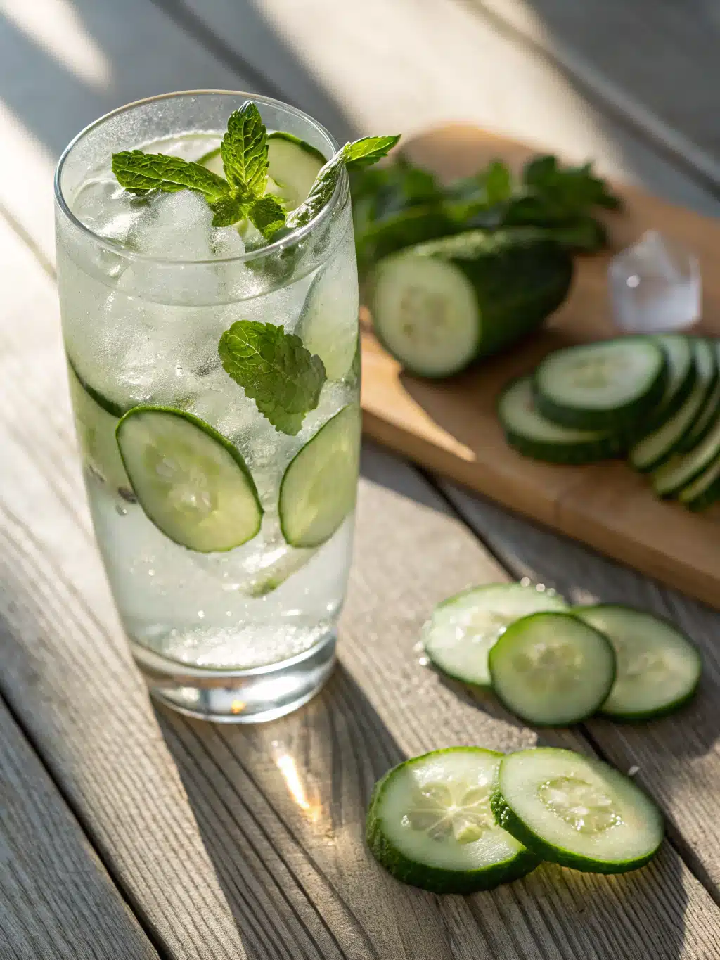 Elegant glass of cucumber mint water garnished with mint sprig and cucumber slice