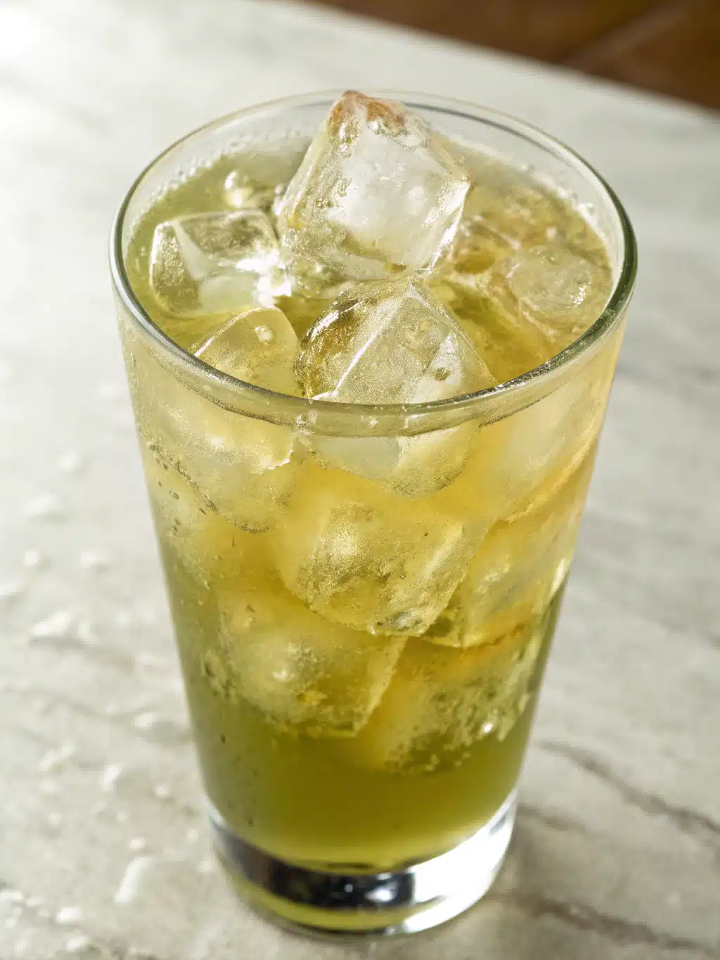 Elegant glass of green tea lemonade with floral ice cubes