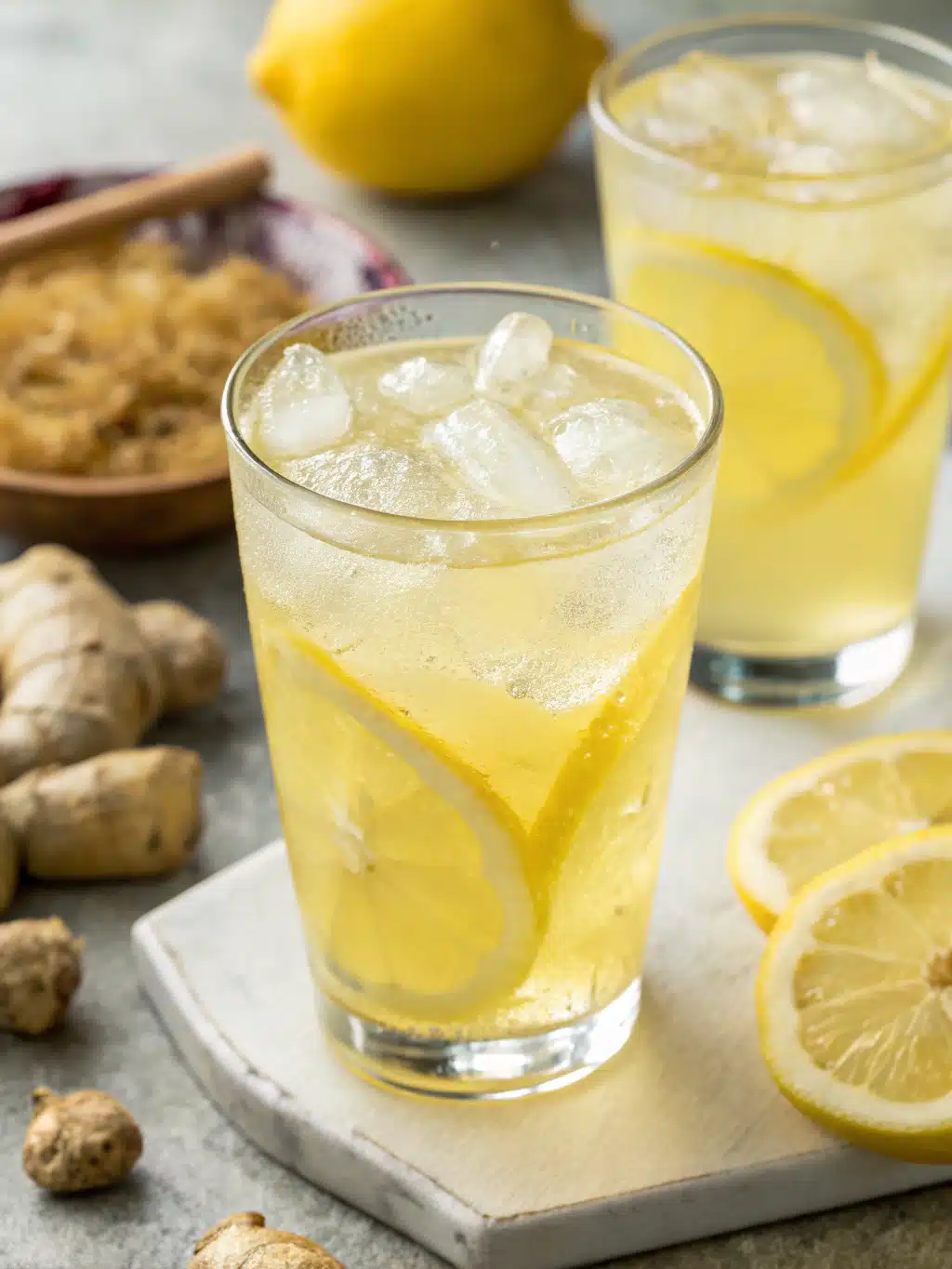 Refreshing lemon ginger tonic made with fresh lemon juice and honey-infused ginger, served over ice for a zesty, invigorating drink.