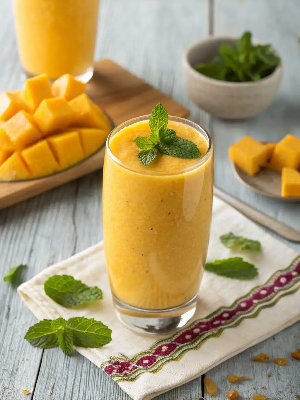 Mango mint smoothie served in a tall glass with mint garnish and tropical flowers