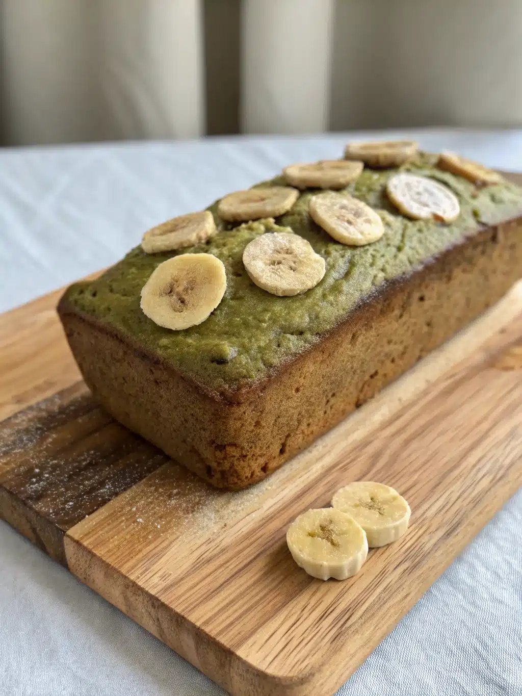 Matcha banana bread served with fresh berries and tea