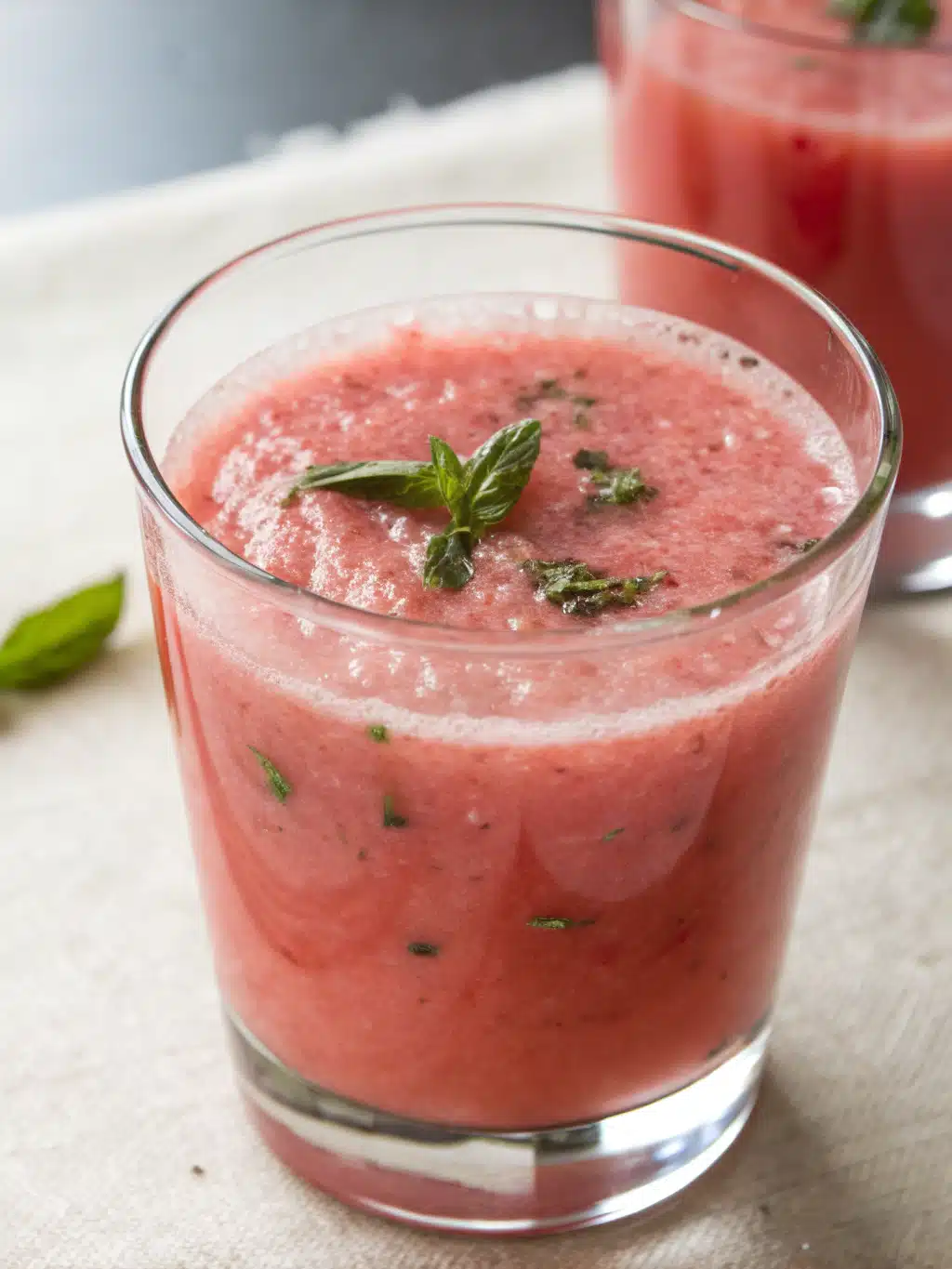 Elegant table setting with watermelon basil juice pitchers and fresh garnishes