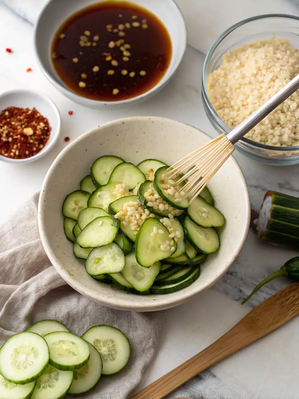 Mixing cucumbers with spicy dressing for Korean cucumber salad