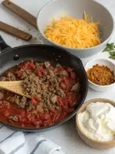 Creamy angel beef casserole features ground beef simmered in tomato sauce, layered with noodles and cheese, then baked to golden perfection. Comfort food at its best!