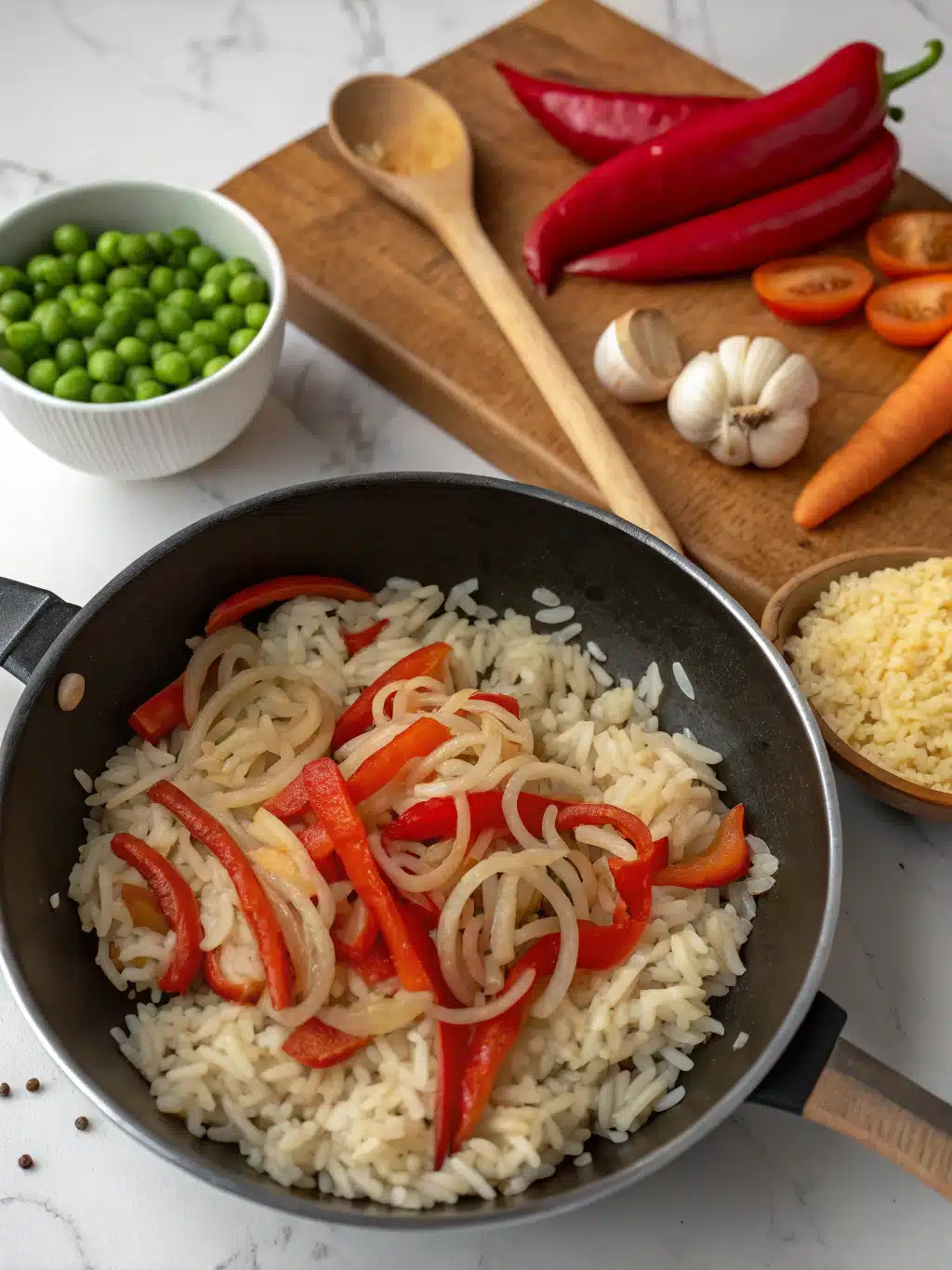 Toasting rice and vegetables in a wok for bang bang fried rice
