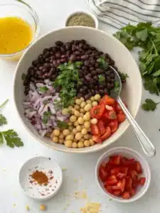Easy bean salad recipe with chickpeas, black beans, and fresh veggies, tossed in a tangy honey-cumin dressing. Perfect chilled or at room temperature.