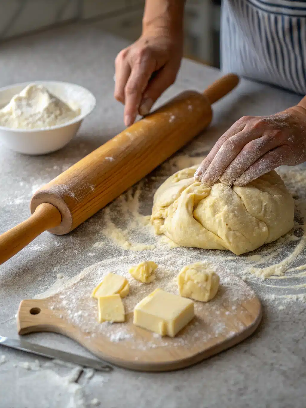 Hands mixing buttery biscuit dough with cold milk