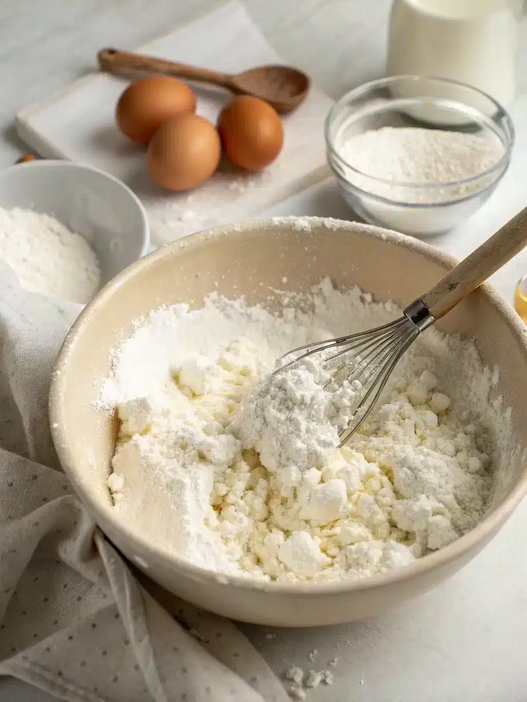 Combining cottage cheese bread batter Folding wet and dry ingredients together for cottage cheese bread