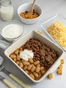 Creamy ground beef cowboy casserole recipe topped with crispy tater tots and melted cheddar cheese—comfort food at its best. Ready in under an hour!