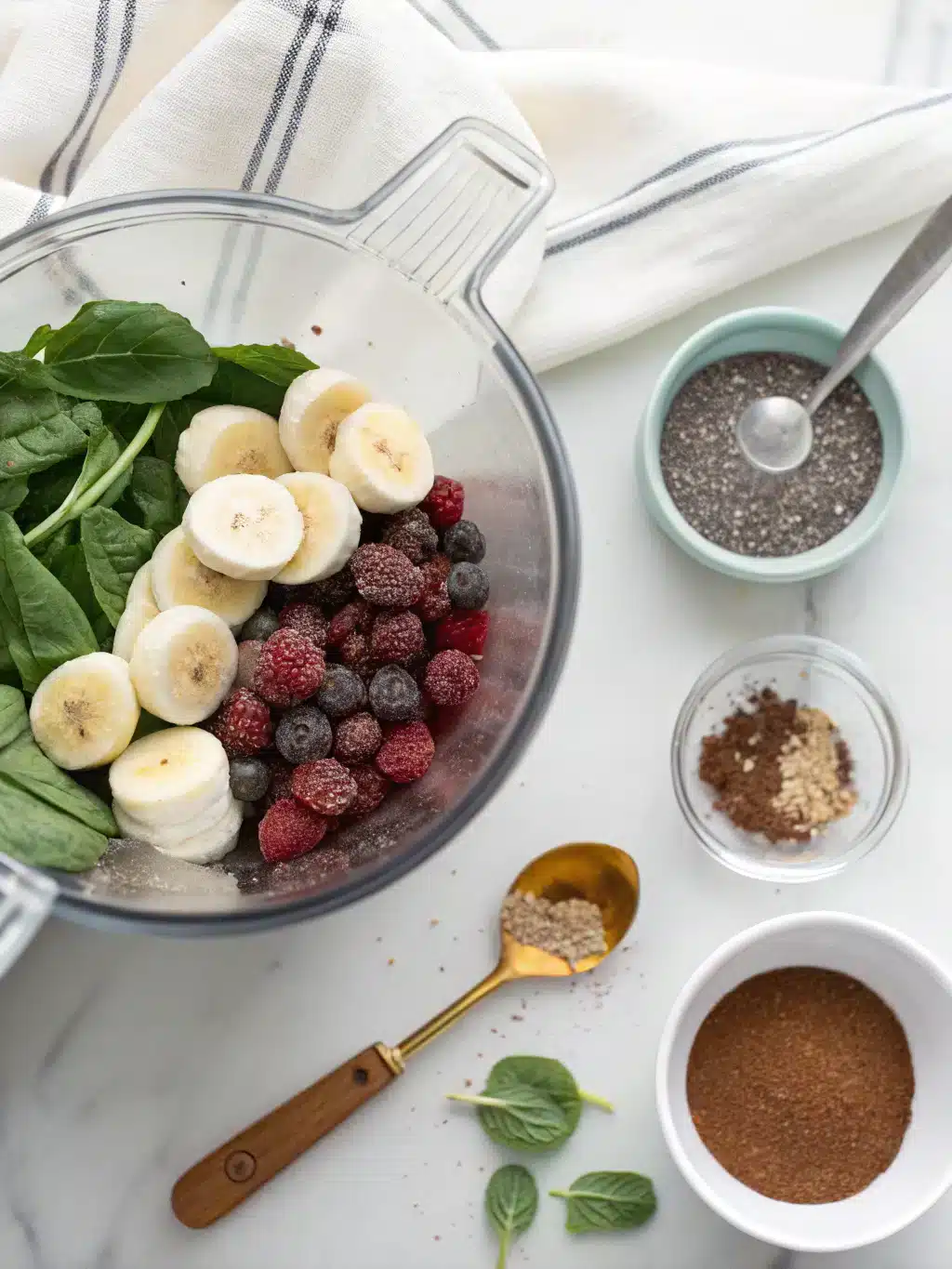 Scraping down smoothie ingredients for even blending