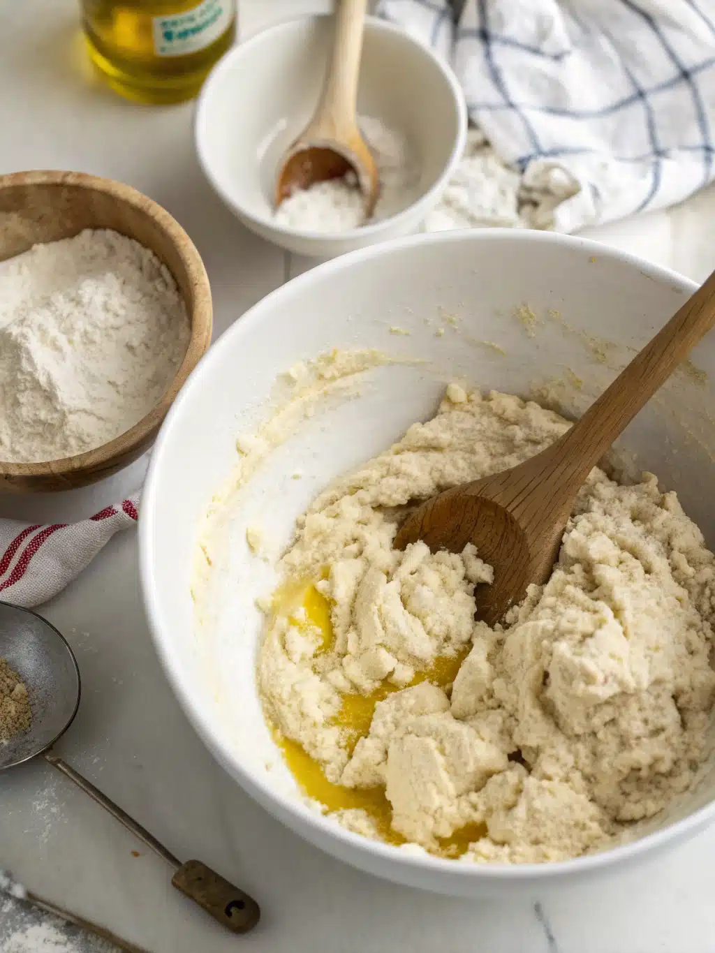 Hands shaping gluten free bagel dough into rings