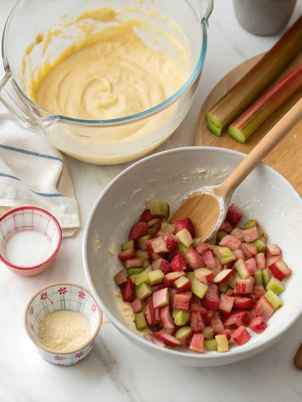 Folding rhubarb and lemon zest into lemon rhubarb loaf batter
