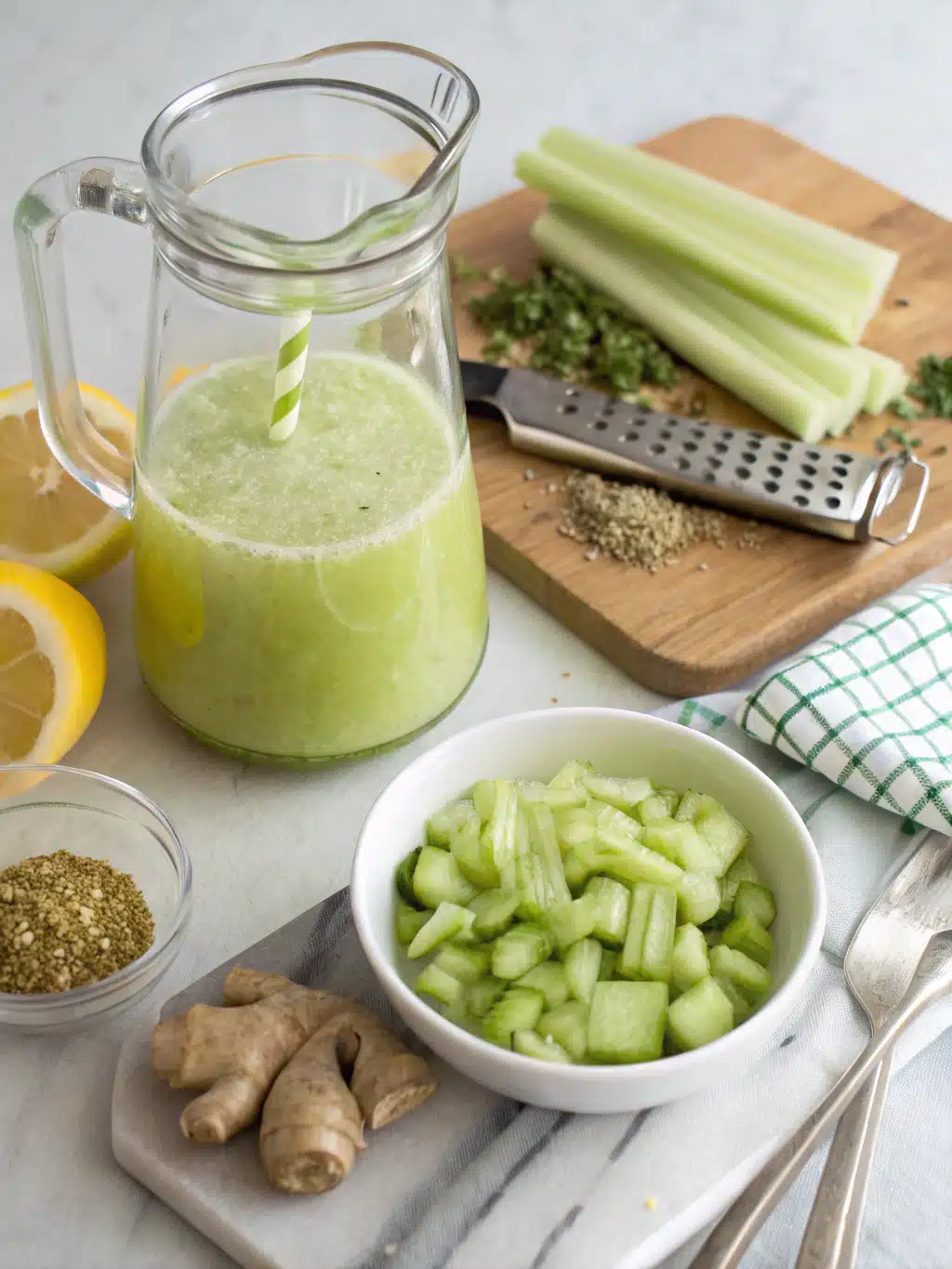Straining ozempic juice recipe into a pitcher