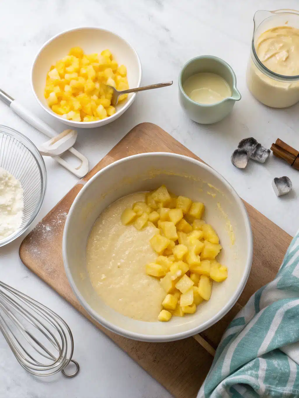 Folding fresh pineapple into cake batter for a moist pineapple cake