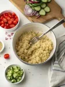 Try this refreshing quinoa salad recipe with crisp cucumber, juicy tomatoes, and tangy feta cheese, tossed in a zesty lemon dressing. Perfect for lunch or a light dinner.