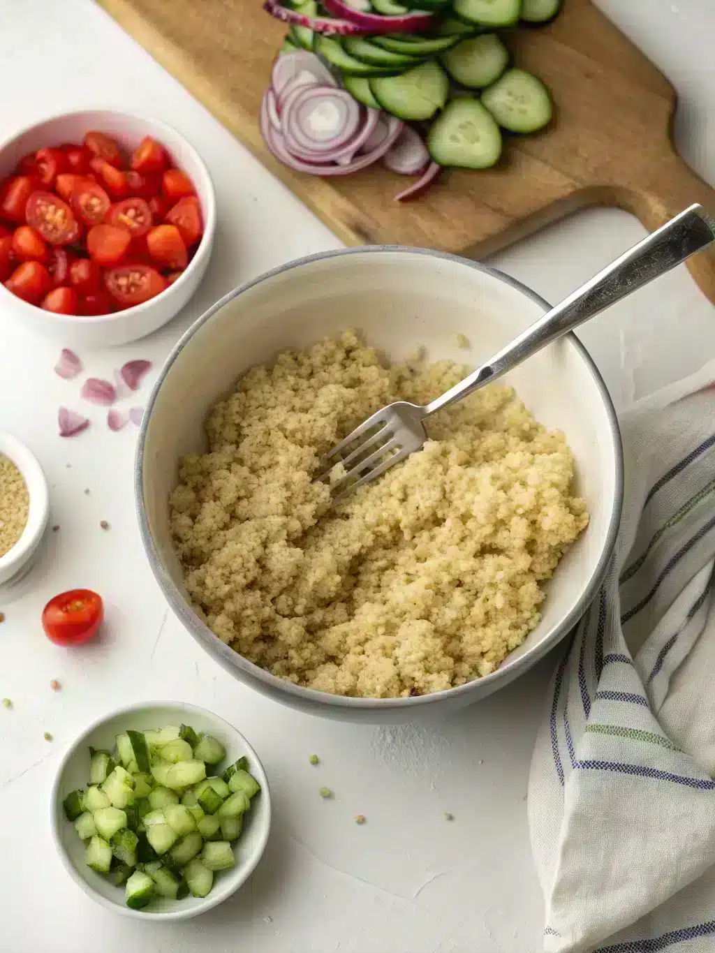 Mixing fresh vegetables into fluffy quinoa for a colorful salad