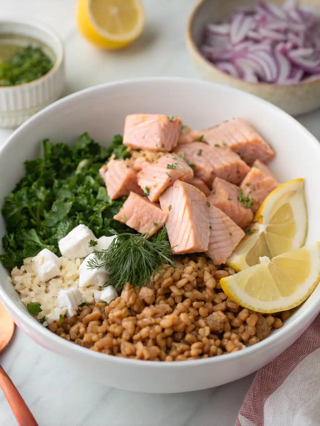 Mixing farro with fresh vegetables for salmon farro bowl