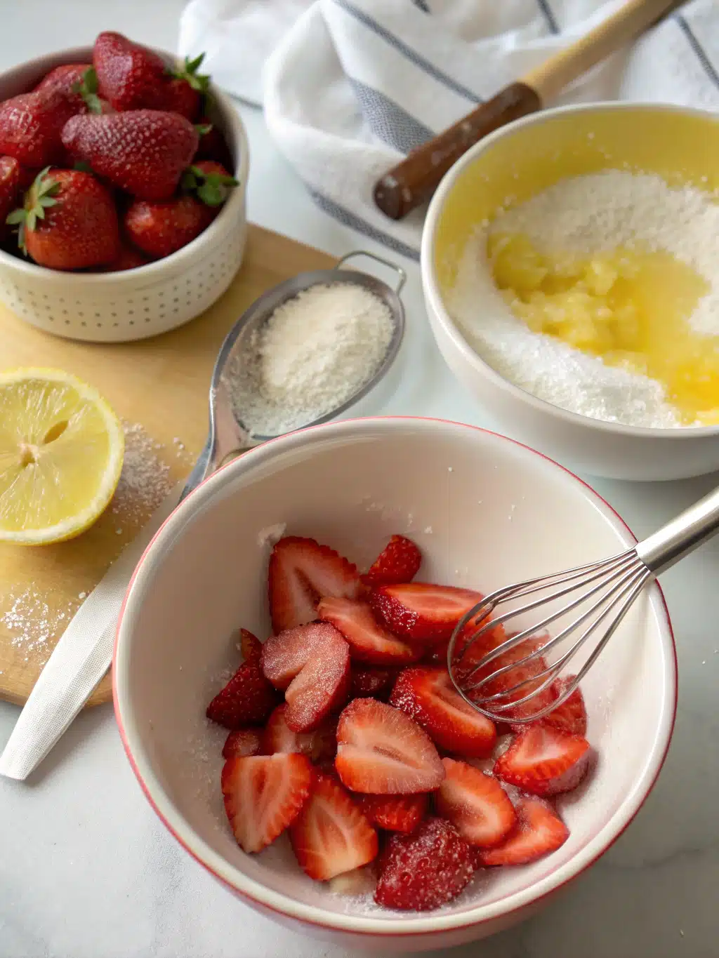 Adding ice cubes to glasses for strawberry sprite drink