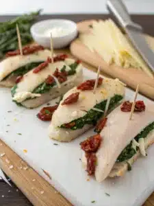 Learn how to make juicy stuffed chicken breasts with mozzarella, spinach, and sun-dried tomatoes, baked to perfection for a flavorful weeknight dinner.
