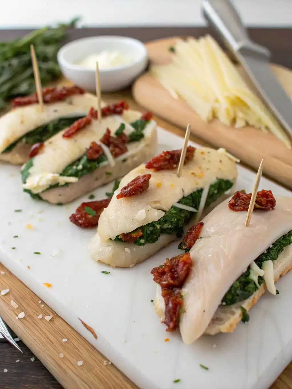 Searing stuffed chicken breasts in a skillet for golden crust