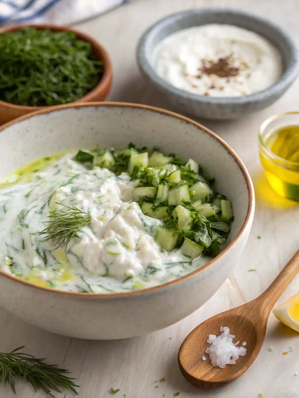 Tasting and adjusting seasoning for tzatziki sauce recipe