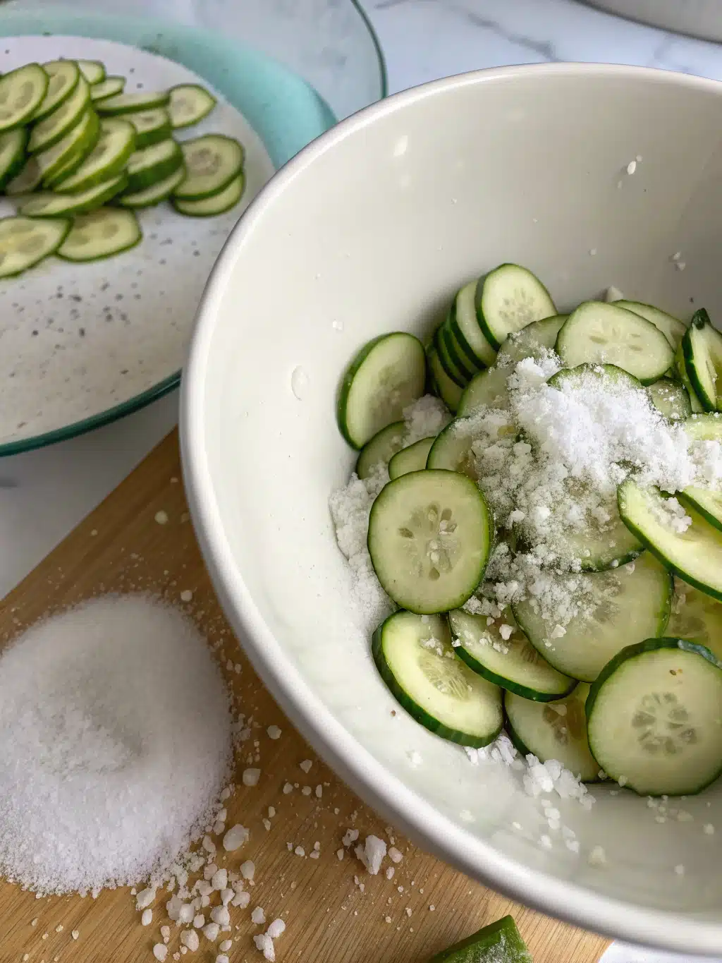 Draining sliced cucumbers for Korean cucumber salad
